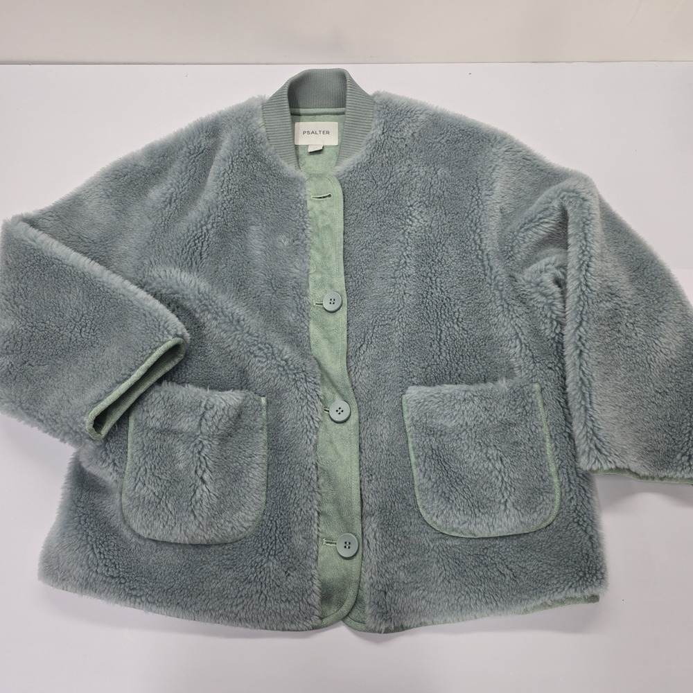 Psalter Sage Green Faux Shearling Teddy Fleece Button Front Jacket Size 44 or XL